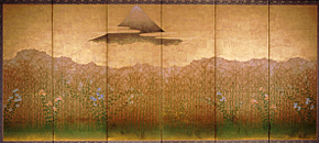 Fig. 5: Japan, Edo period (1615 - 1868) MUSASHI PLAIN, late 17th - early 18th century, Pair of six-fold screens: ink, colors and gold on paper, Each panel 66 1/2 x 24 1/4 inches, Museum purchase, 1960.24a-b
