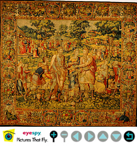 Fig. 6: Frans Geubels (1535 - 1590) Flemish, KING ABIMELECH RESTORES SARAH TO HER HUSBAND, ABRAHAM, around 1560 - 1570, Tapestry: dyed wool and silk, 166 x 185 inches, Gift of Mr. Robert Badenhop, 1952.10