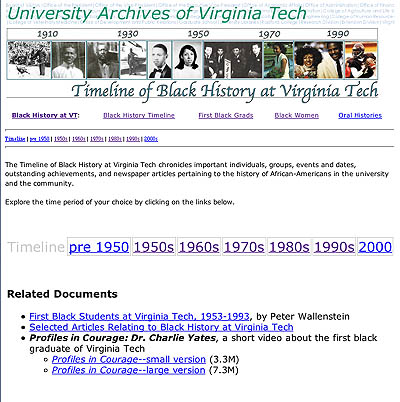Screen Shot: timeline of black history divided by decades