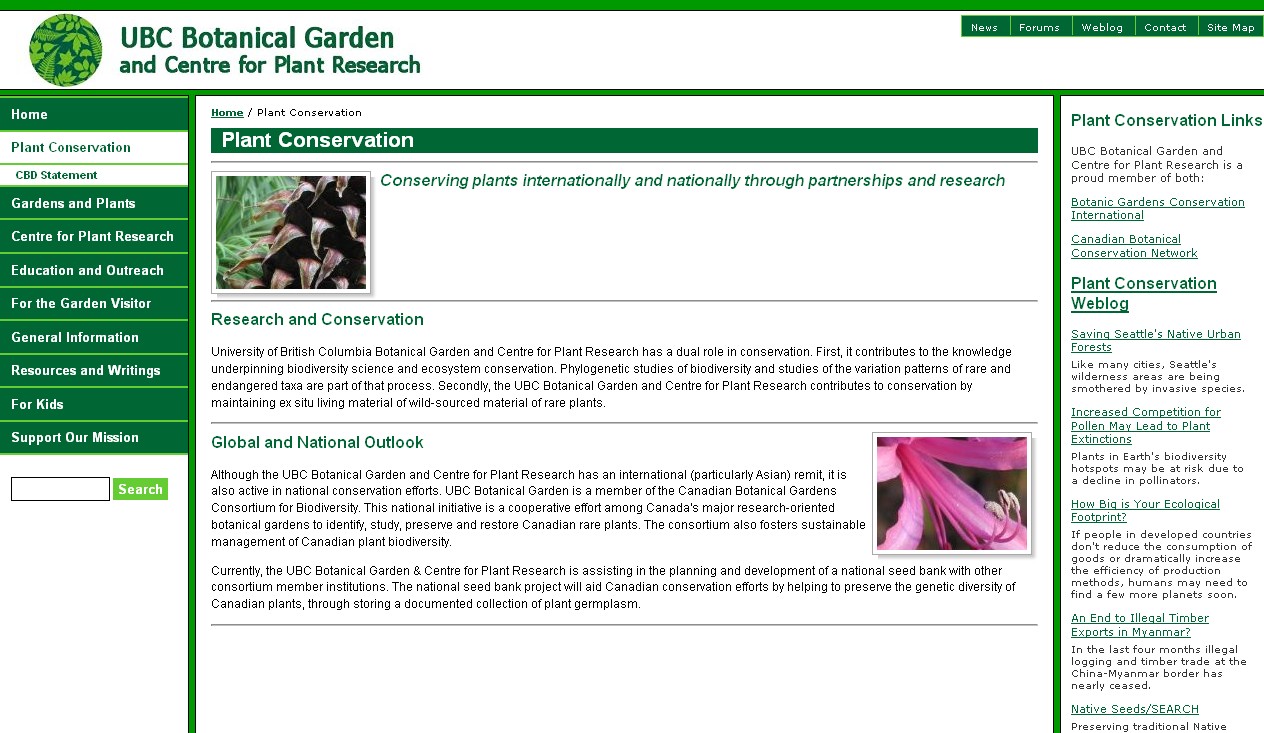 Fig. 1: The Plant Conservation Page of the UBC Botanical Garden and Centre for Plant Research displaying embedded RSS feed http://www.ubcbotanicalgarden.org/conservation/
