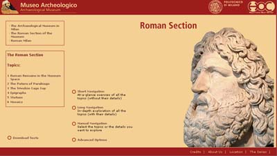 Fig 10: The Home Page of the Roman Section application: the ‘Roman Section’ is the application’s theme; the list of the topics can be seen on the left