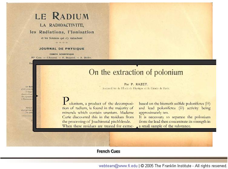 Fig 2b. Le Radium with partial English translation. http://www.fi.edu/case_files/curie/le_radium.html