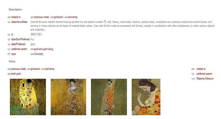 Fig 2: Information about the indexing term &ldquo;Gold&rdquo;, showing also images that are related to &ldquo;Gold&rdquo;